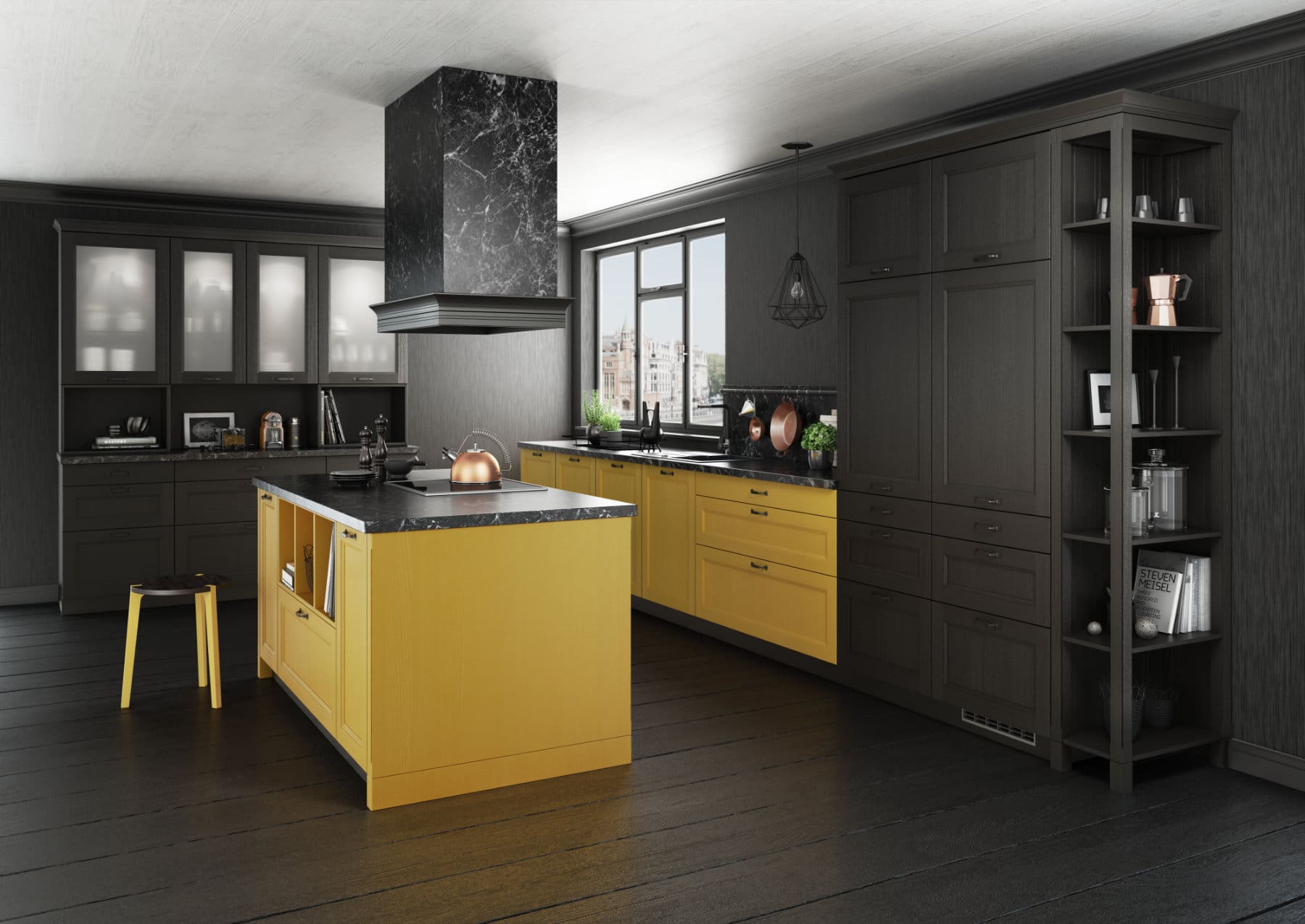Bauformat Black Yellow Shaker L Shaped Kitchen With Island 1 | MHK Kitchen Experts