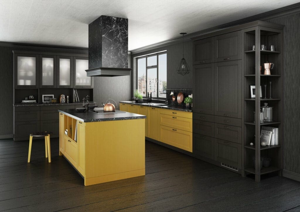 Bauformat Black Yellow Shaker L Shaped Kitchen With Island | MHK Kitchen Experts
