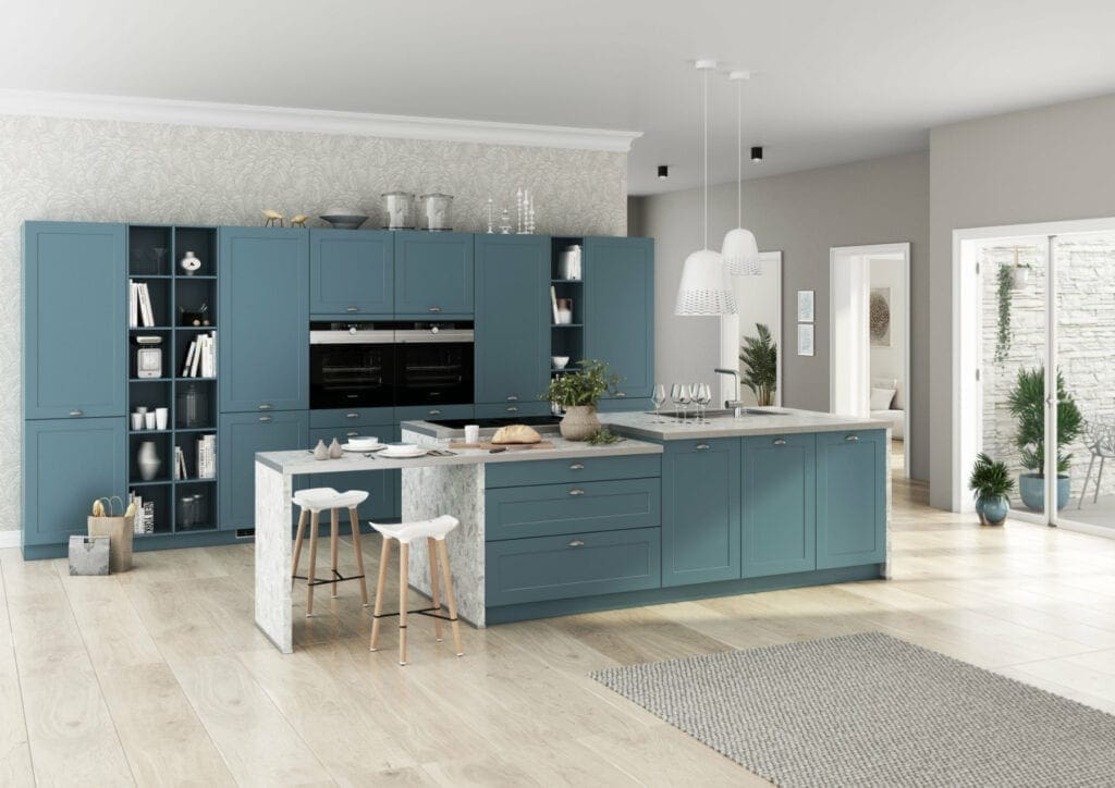 Bauformat Blue Shaker Open Plan Kitchen | MHK Kitchen Experts