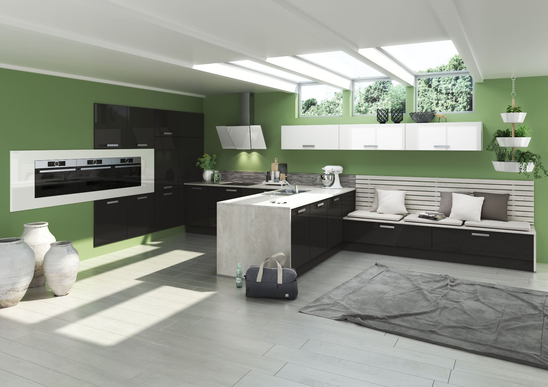 Bauformat Monochrome Gloss Kitchen With Lime Green Wall 1 | MHK Kitchen Experts