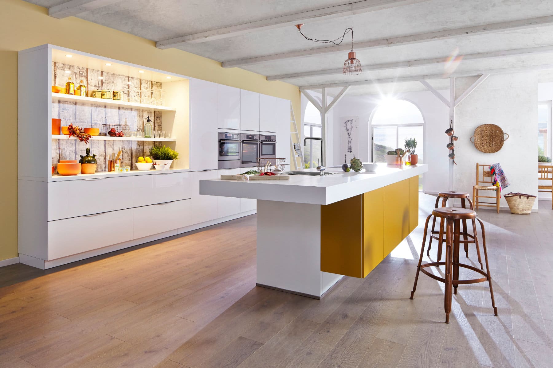 Bauformat White Gloss Mustard Open Plan Kitchen With Island 1 | MHK Kitchen Experts