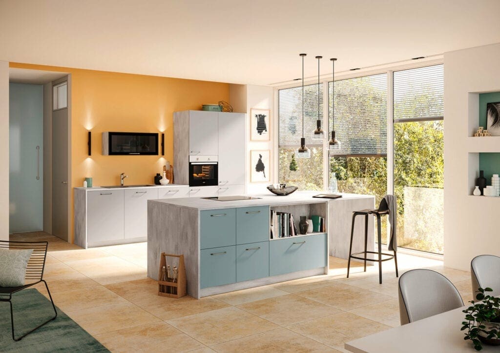 Brigitte Grey Pastel Blue Open Plan Kitchen | MHK Kitchen Experts