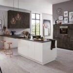 Brigitte White Gloss Iron Open Plan Kitchen | MHK Kitchen Experts