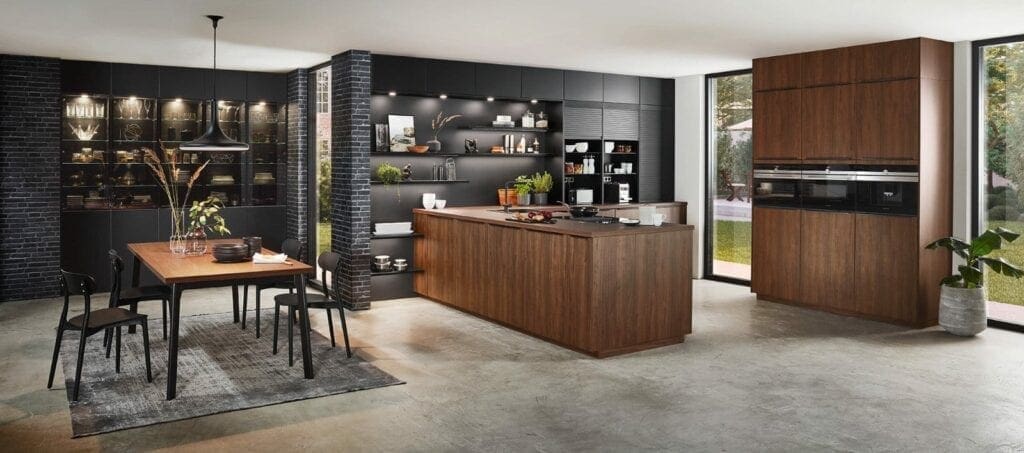 Nobilia Dark Wood Open Plan Kitchen 2021 | MHK Kitchen Experts