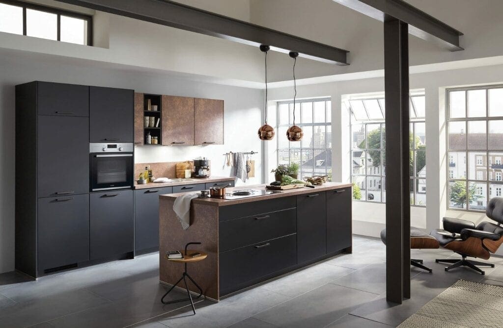 Nobilia Matt Black Bronze Open Plan Kitchen With Island 2021 | MHK Kitchen Experts