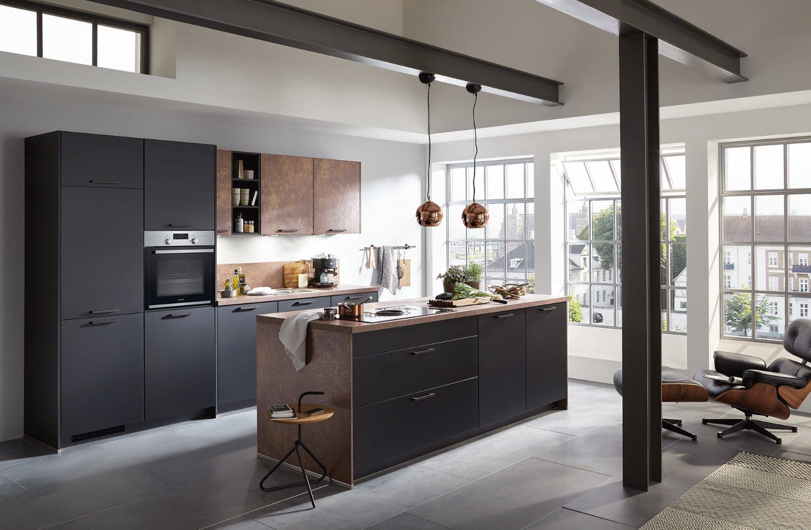 Nobilia Matt Black Bronze Open Plan Kitchen With Island 2021 2 | MHK Kitchen Experts