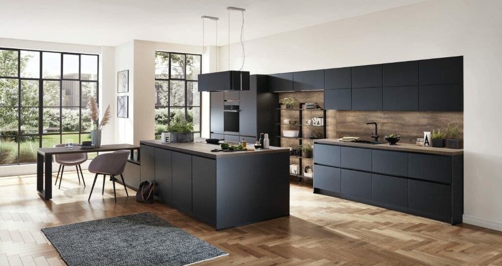 Nobilia Matt Black Wood Handleless Open Plan Kitchen 2021 1 | MHK Kitchen Experts