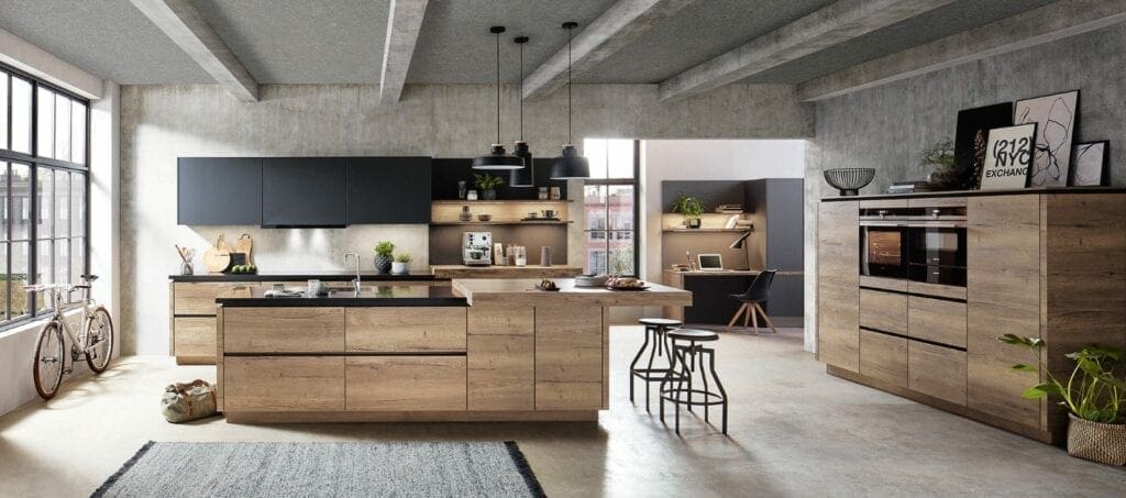 Nobilia Matt Black Wood Open Plan Handleless Kitchen With Island 2021 | MHK Kitchen Experts