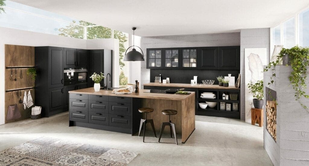 Nobilia Matt Black Wood Shaker Open Plan Kitchen With Island 2021 1 | MHK Kitchen Experts