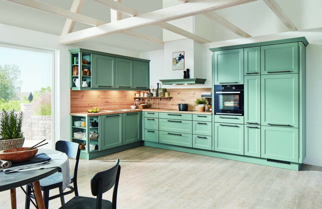 Nobilia Matt Green Wood Shaker L Shaped Open Plan Kitchen 2021 | MHK Kitchen Experts