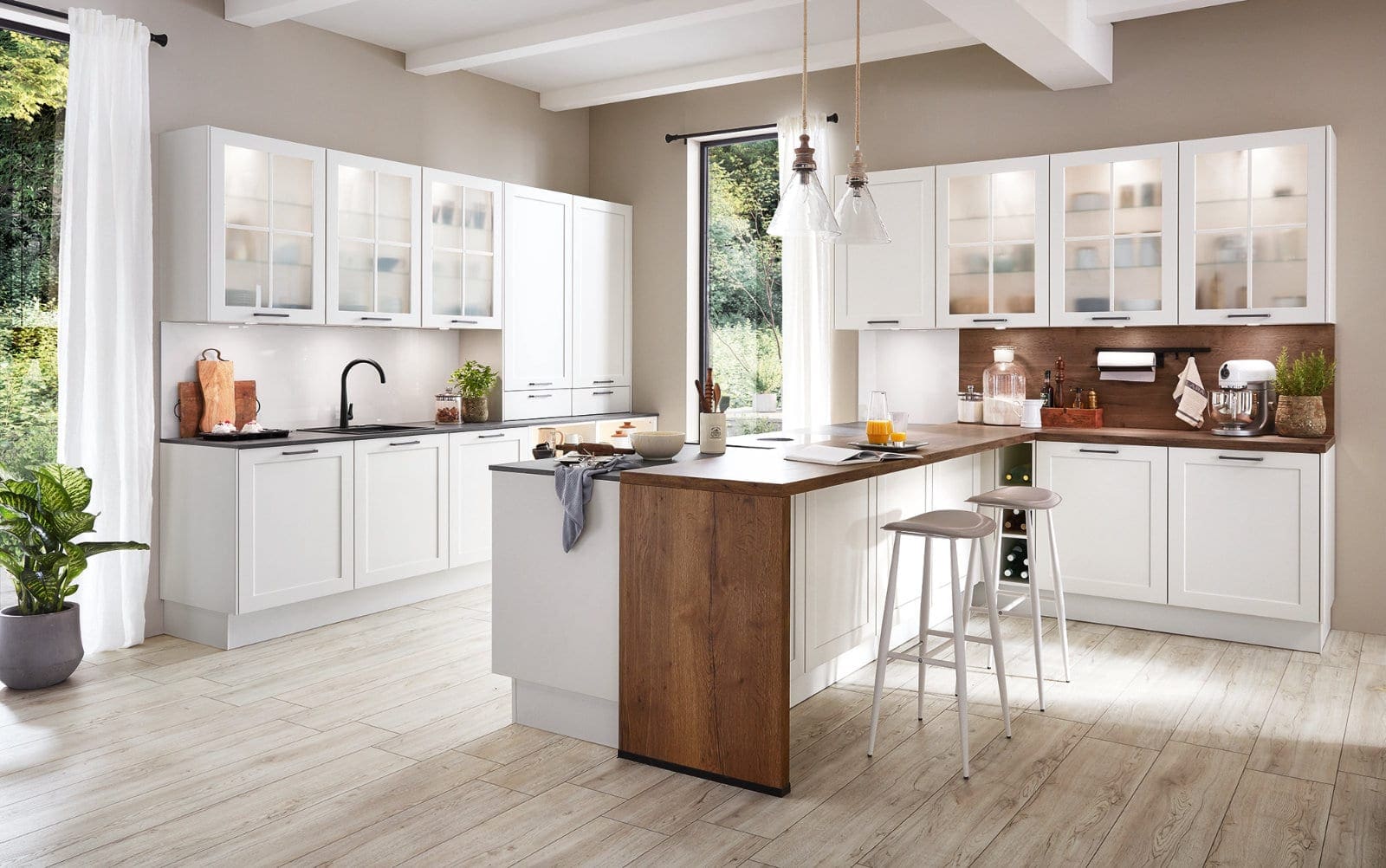 Nobilia Matt White Wood Shaker Open Plan L Shaped Kitchen With Island 2021 1 | MHK Kitchen Experts