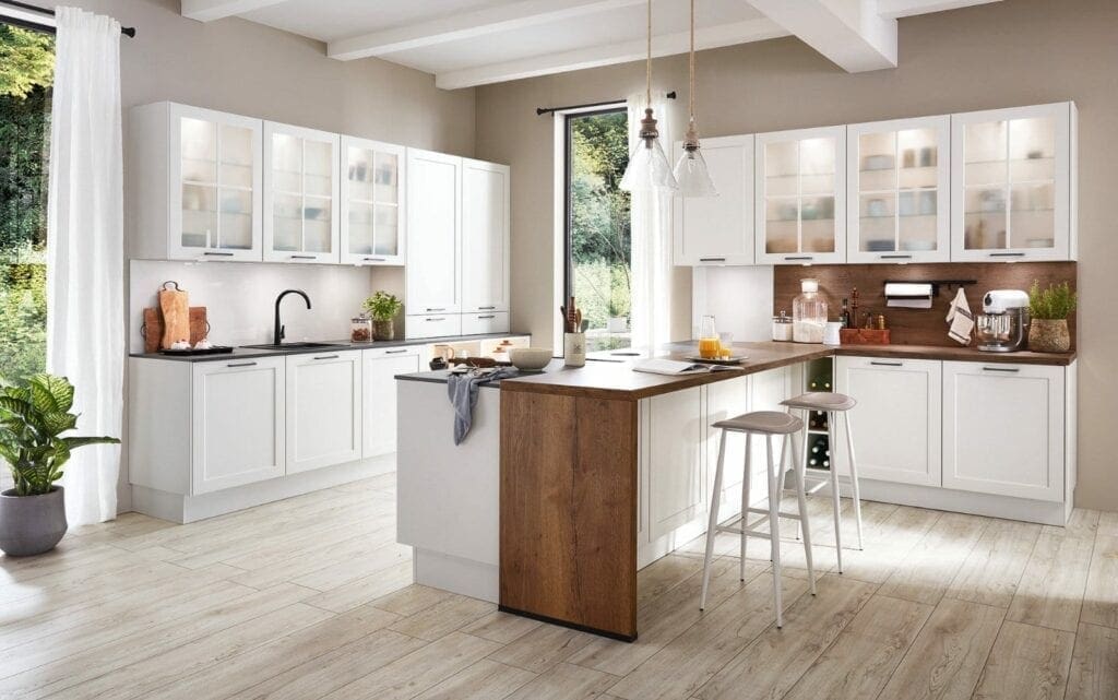 Nobilia Matt White Wood Shaker Open Plan L Shaped Kitchen With Island 2021 | MHK Kitchen Experts