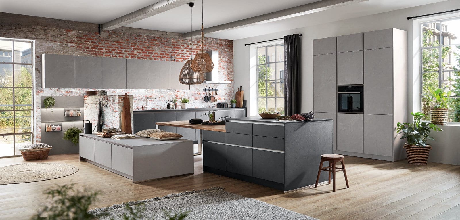 Nobilia Modern Concrete Handleless Open Plan Kitchen With Island 2021 1 | MHK Kitchen Experts