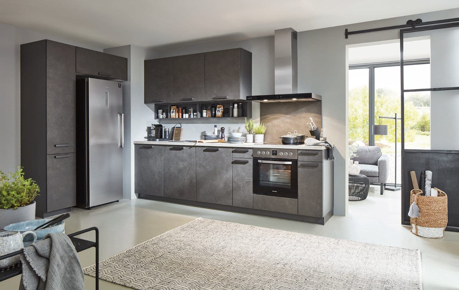Nobilia Modern Concrete Open Plan L Shaped Kitchen 2021 | MHK Kitchen Experts