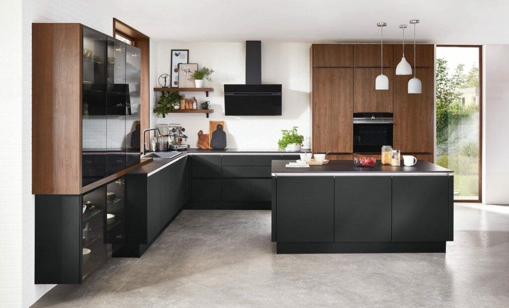 Nobilia Modern Matt Black Wood Handleless L Shaped Kitchen With Island 2021 | MHK Kitchen Experts