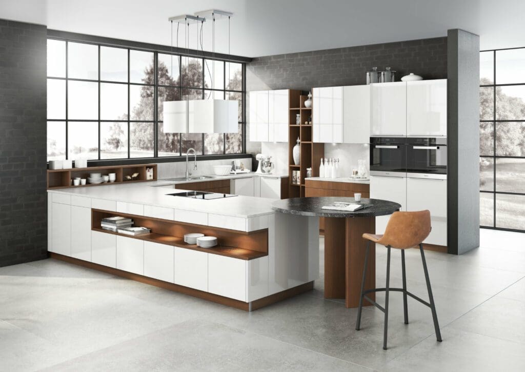 Premium German Kitchens-Bauformat High Gloss White U Shaped Handleless Kitchen | MHK Kitchen Experts