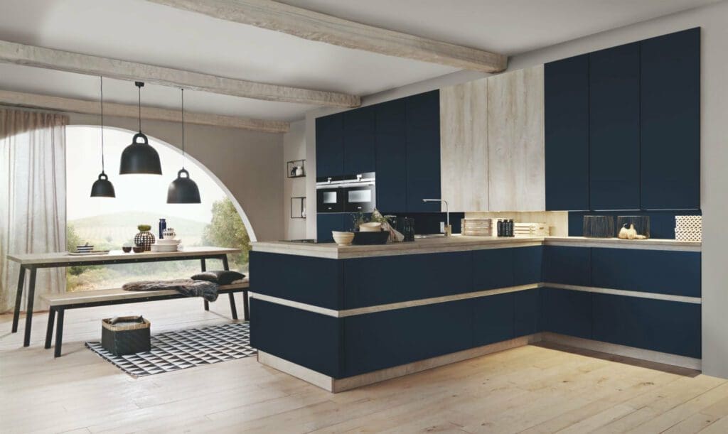 German handleless kitchen -Bauformat Modern Blue Handleless Kitchen | MHK Kitchen Experts