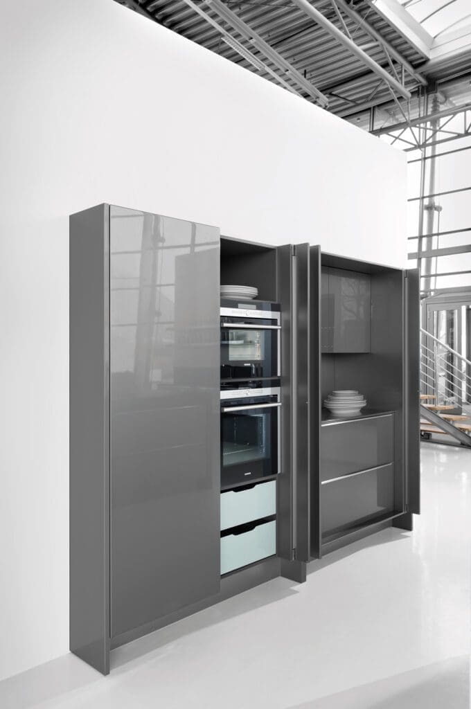 Grey Gloss Kitchen Pocket Doors | MHK Kitchen Experts