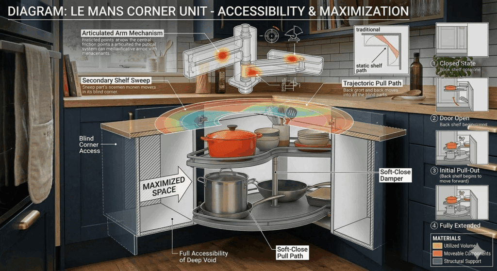Technical Diagram Showing Mechanisms For A Le Mans Kitchen Storage Unit  | MHK Kitchen Experts