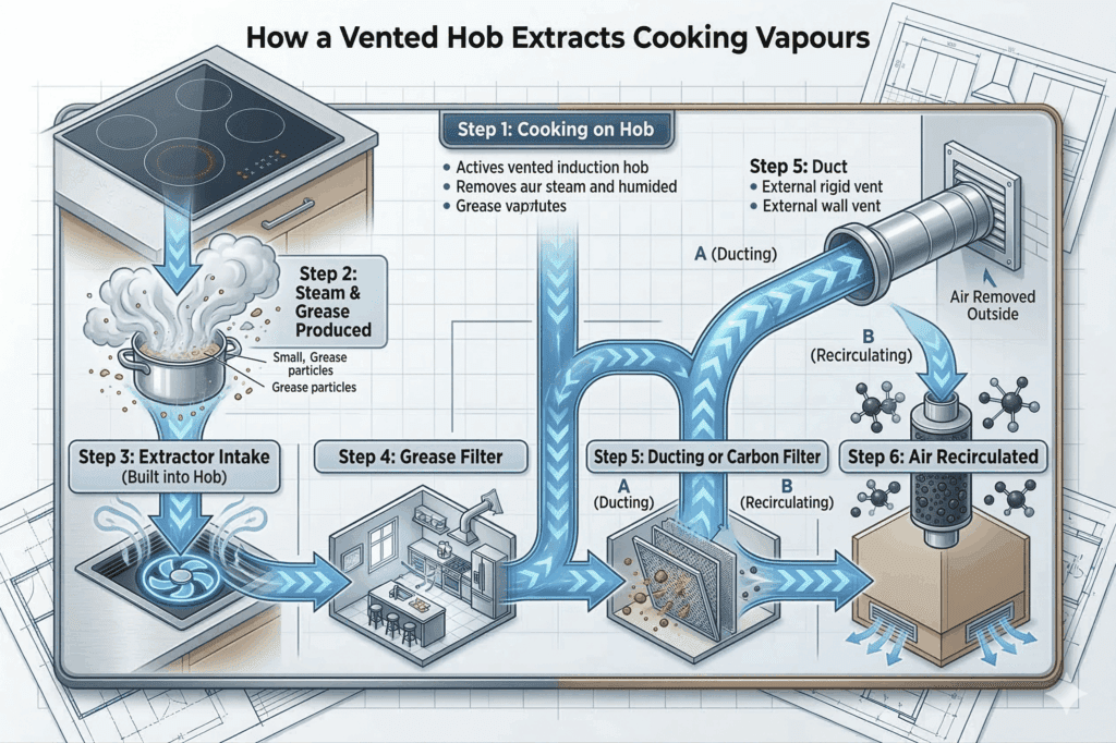 vented hob airflow diagram showing steam and grease captured by extractor built into the hob 