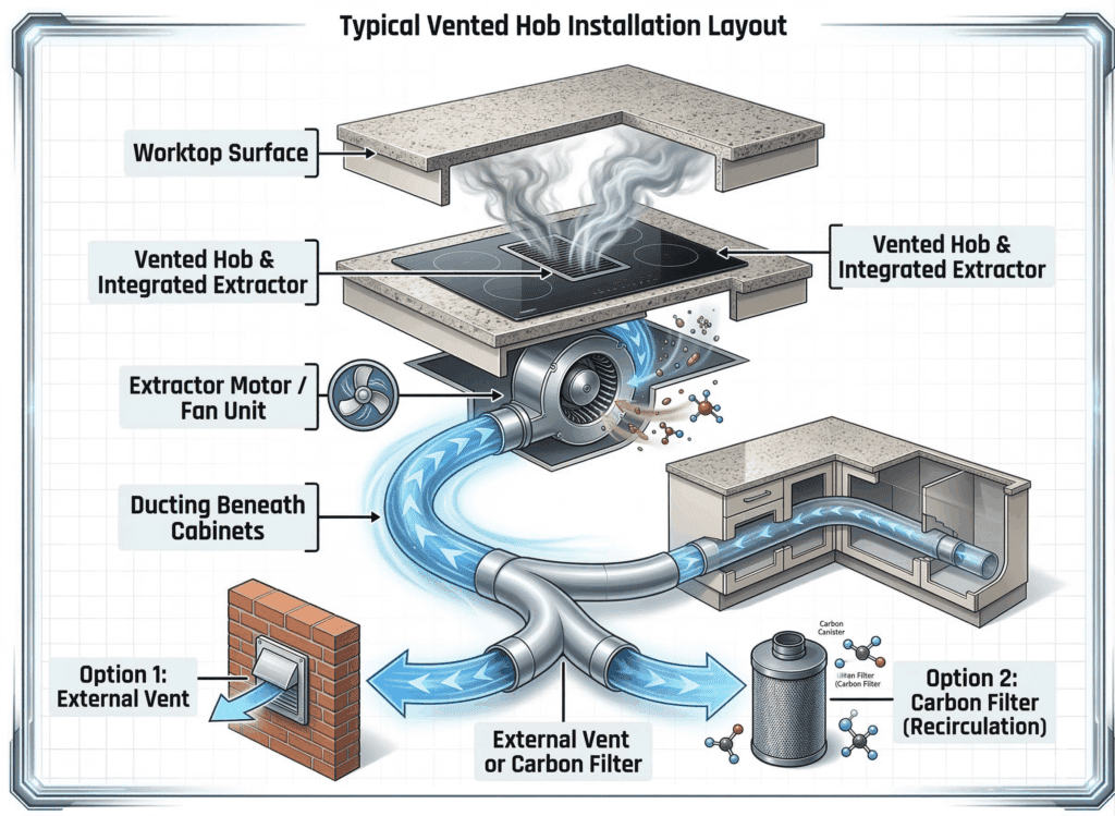 Diagram showing the typical installation structure of a vented hob, including the integrated extractor, motor unit and ducting beneath the worktop | MHK Kitchen Experts