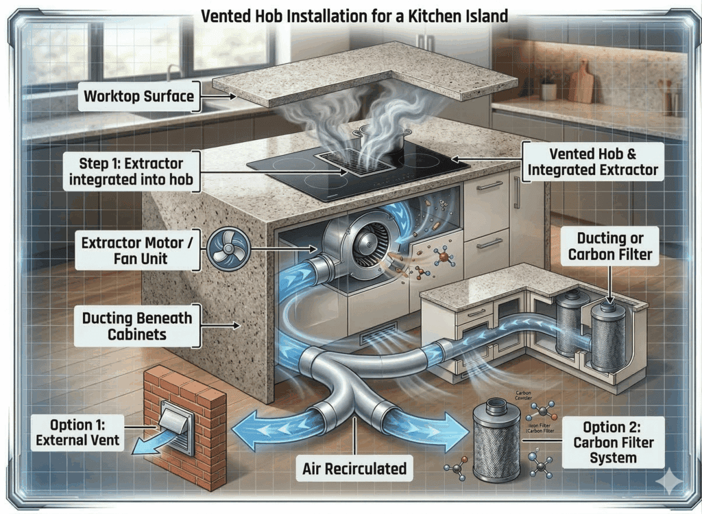 diagram showing vented hob installation for a vented hob on a kitchen island  | MHK Kitchen Experts