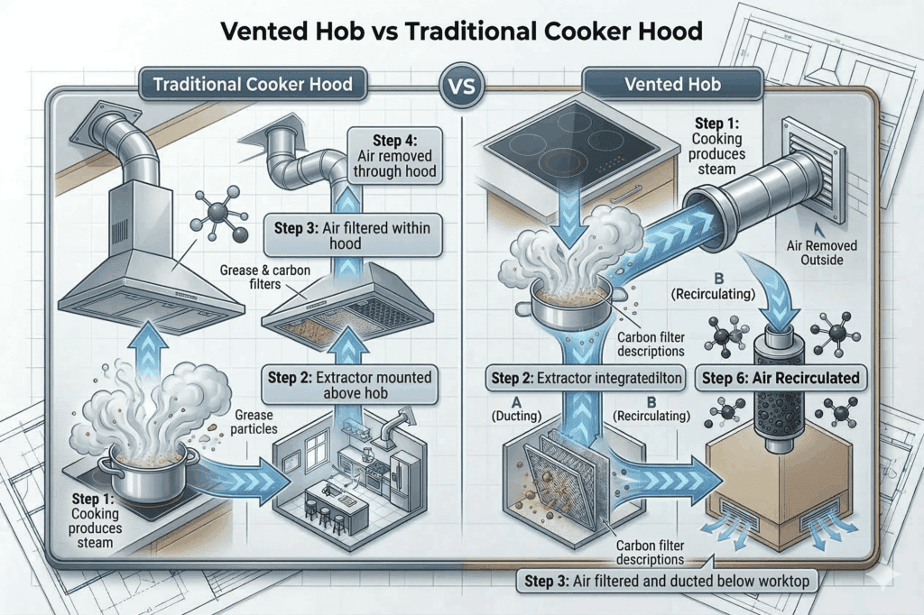 comparison diagram showing difference between traditional cooker hood and vented hob extraction | MHK Kitchen Experts