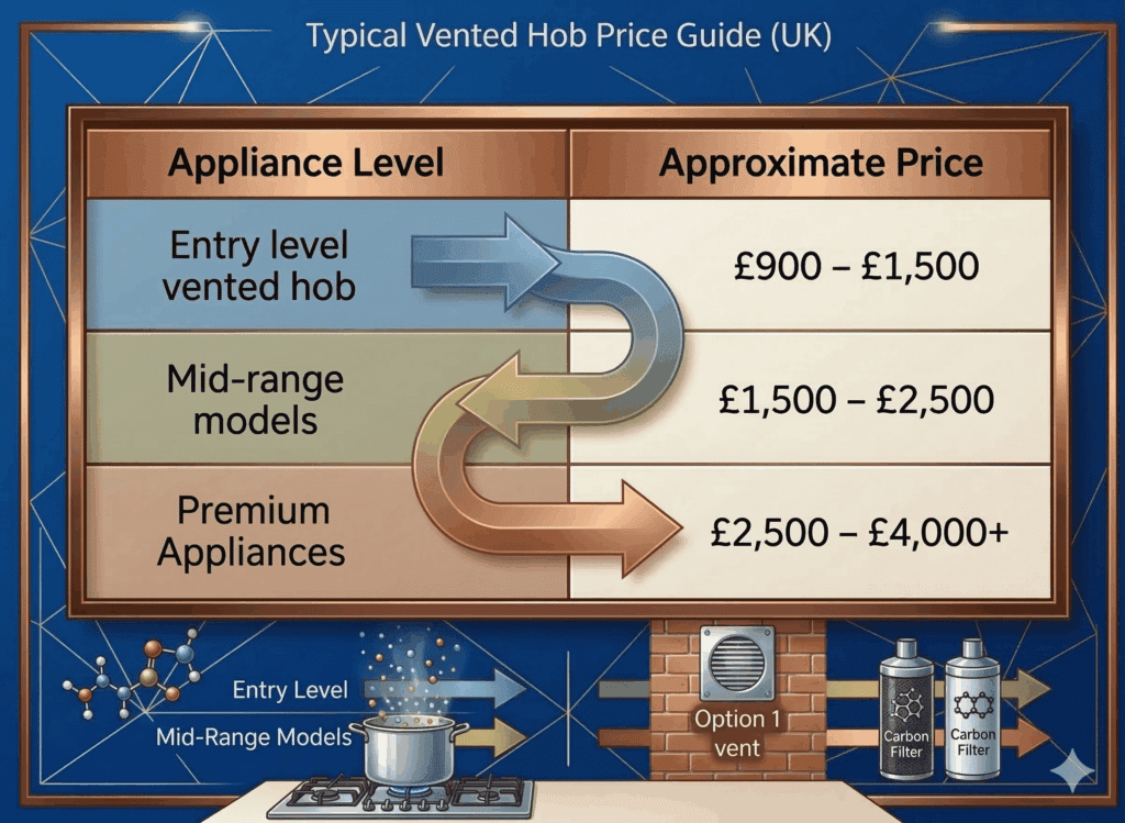 vented hob price guide table showing entry level mid range and premium appliance costs in the UK | MHK Kitchen Experts