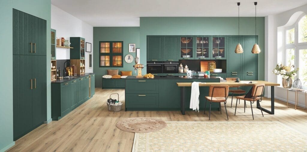 Ballerina Green Shaker Open Plan Kitchen | MHK Kitchen Experts