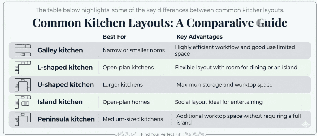 A Table showing a Comparative Guide To Common Kitchen Layouts & their benefits | MHK Kitchen Experts