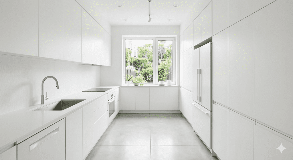 All White Galley Kitchen Design Kitchen Experts | MHK Kitchen Experts