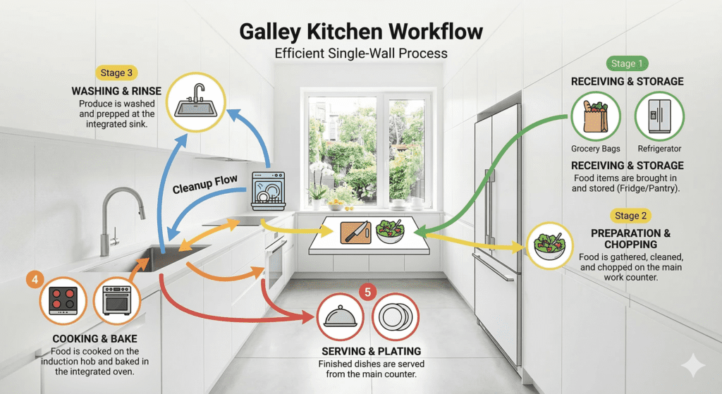 Diagram Showing Ideal Galley Kitchen Workflow | MHK Kitchen Experts