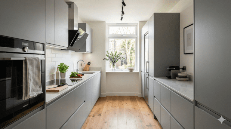 Modern Galley Kitchen Design In Grey Handleless Style 1 | MHK Kitchen Experts