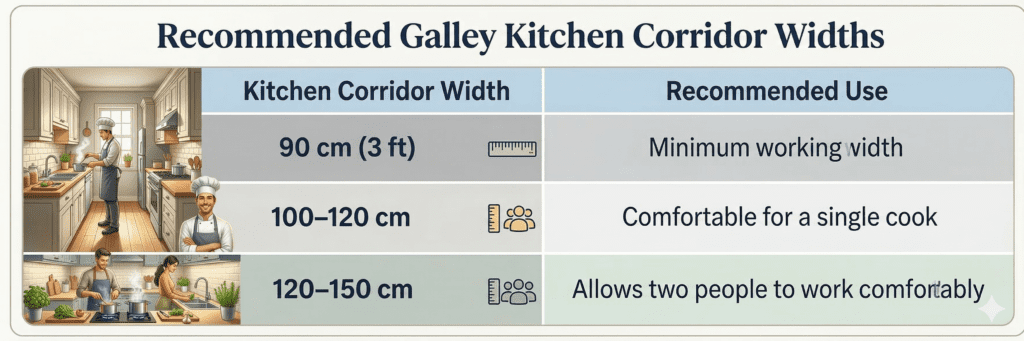 galley kitchen corridor width guide showing recommended space between cabinets | MHK Kitchen Experts