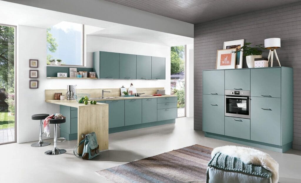 Nobilia Matt Blue Wood Open Plan Kitchen 2021 | MHK Kitchen Experts