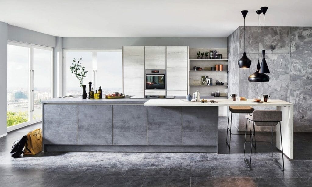 two tone kitchen design -Nobilia Modern Matt Black Wood Handleless L Shaped Kitchen With Island 2021 1 | MHK Kitchen ExpertsNobilia Modern Concrete Open Plan Handeless Kitchen With Island 2021 | MHK Kitchen Experts