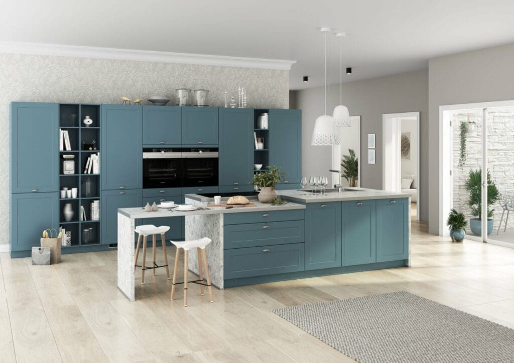 Bauformat Blue Shaker Open Plan Kitchen Popular Kitchen Colours 2023| MHK Kitchen Experts