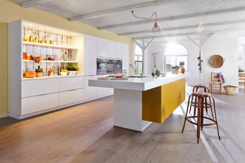 Bauformat White Gloss Mustard Open Plan Kitchen With Island | MHK Kitchen Experts