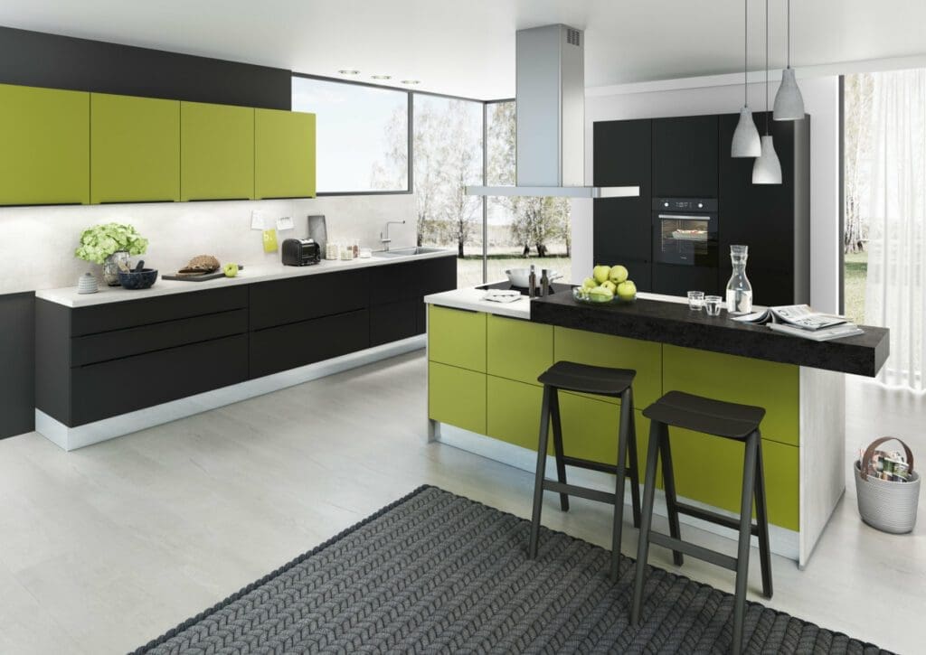 Bauformat Berger Vibrant Green Handleless Kitchen With Island | MHK Kitchen Experts