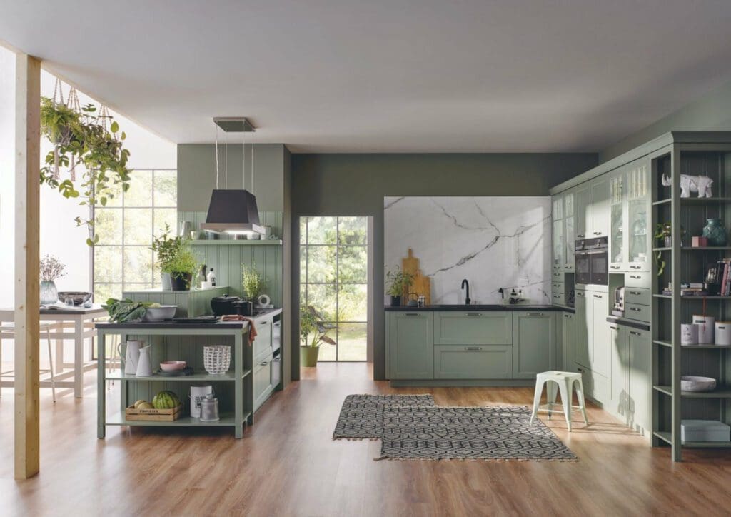 green kitchen cabintery- Bauformat Shaker U Shaped Kitchen | MHK Kitchen Experts