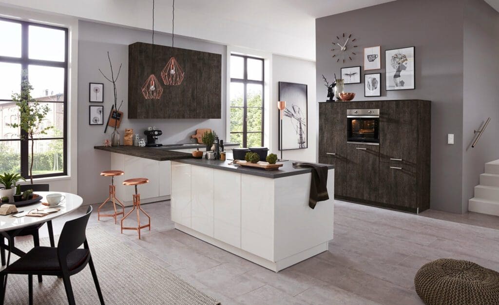 luxury kitchen island- Brigitte White Gloss Iron Open Plan Kitchen | MHK Kitchen Experts