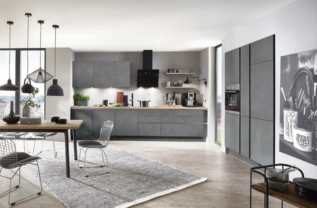 Nobilia Concrete Handleless L Shaped Open Plan Kitchen 2021 | MHK Kitchen Experts