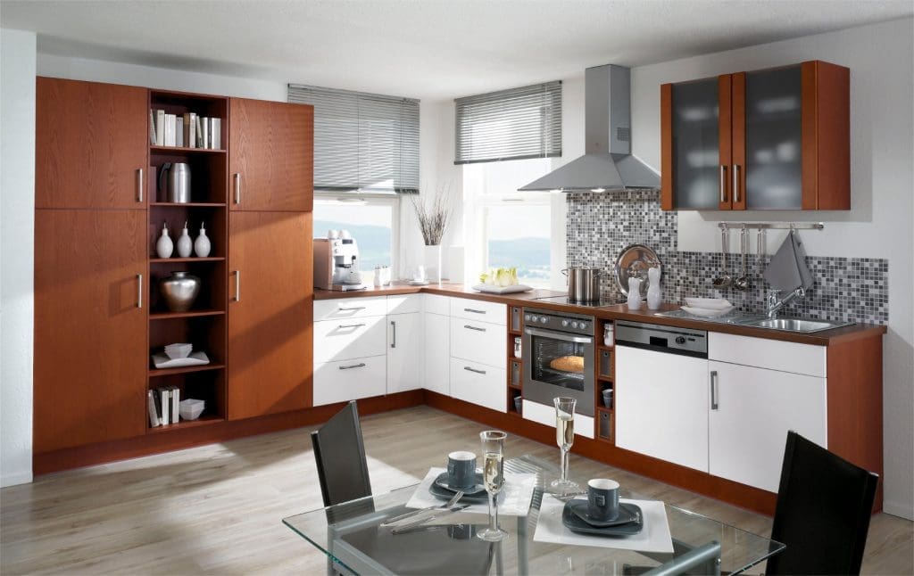 Bauformat White Matt Wood Effect L Shaped Kitchen | MHK Kitchen Experts