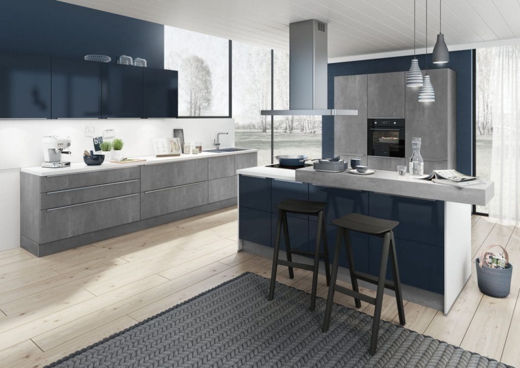 Bauformat Berger Concrete Navy Gloss Kitchen With Island | MHK Kitchen Experts