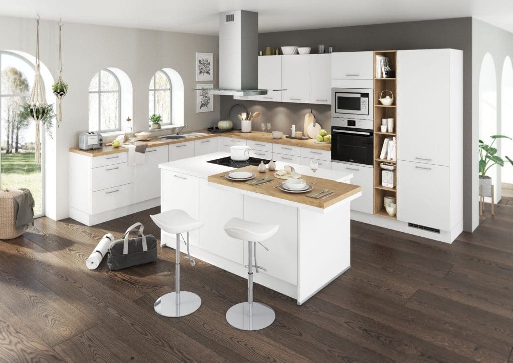 Bauformat Berger White Matt L Shaped Kitchen With Island | MHK Kitchen Experts