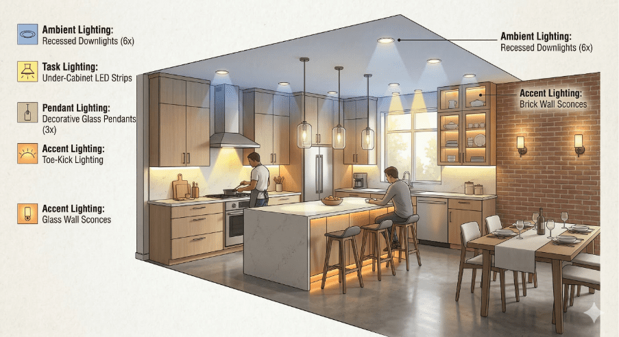 layered kitchen lighting diagram showing ambient task pendant and accent lighting