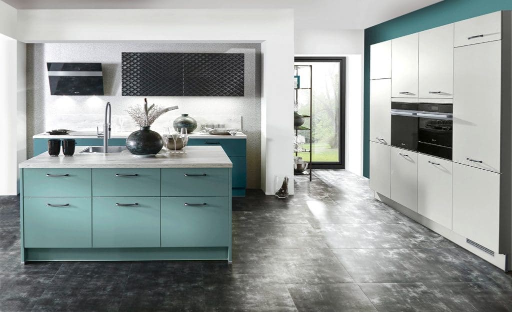 Brigitte Matt Aqua White Kitchen | MHK Kitchen Experts