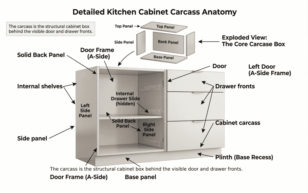 kitchen cabinet carcass diagram showing door drawer fronts shelves and cabinet box structure 