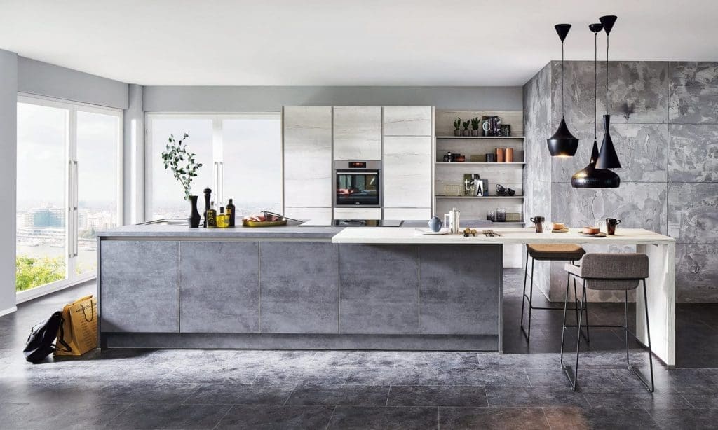 Nobilia Modern Concrete Open Plan Handeless Kitchen With Island 2021 | MHK Kitchen Experts