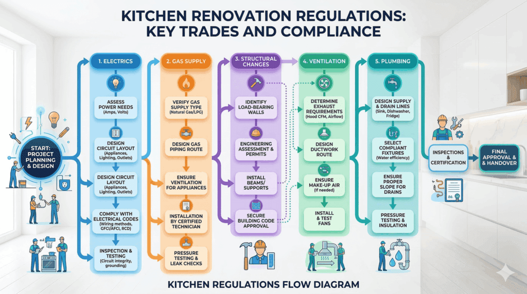 kitchen regulations flow diagram showing electrics gas ventilation plumbing and structural changes